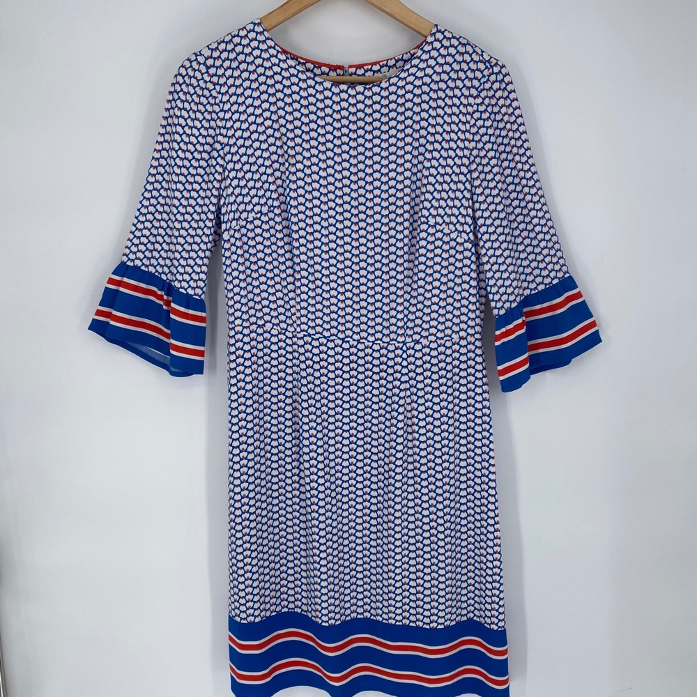 Boden Shift Dress Womens Bell Sleeve Blue Red Geometric Floral Feminine Size 4R